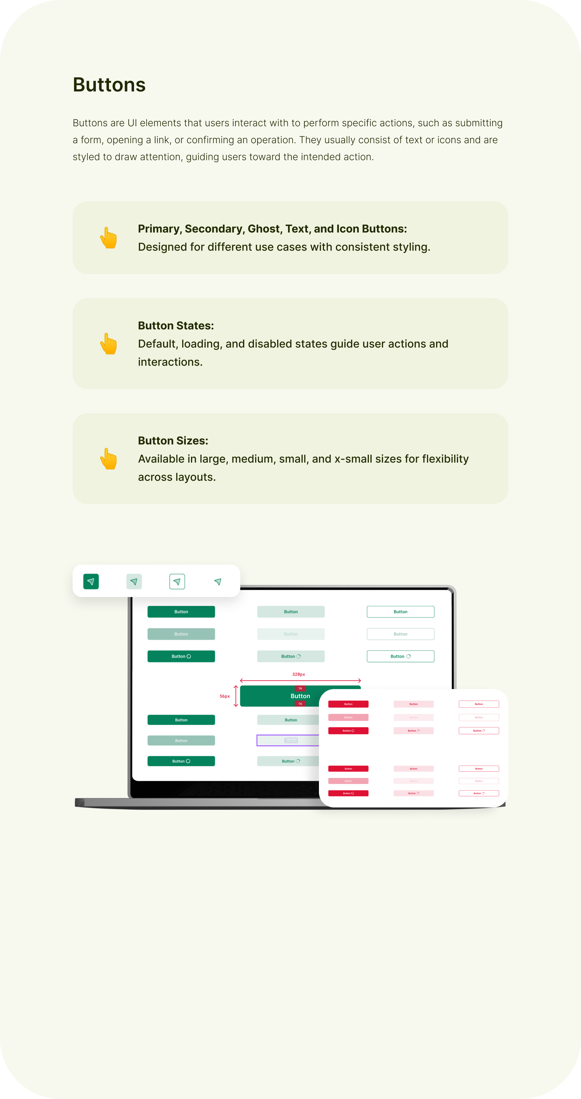 Button component specimen — variants, states and sizes with usage guidance