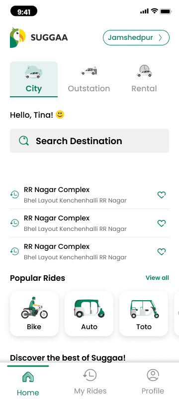 Rider homepage — city, outstation and rental tabs with the fleet picker