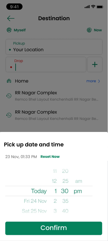 Scheduling the ride — date and time picker