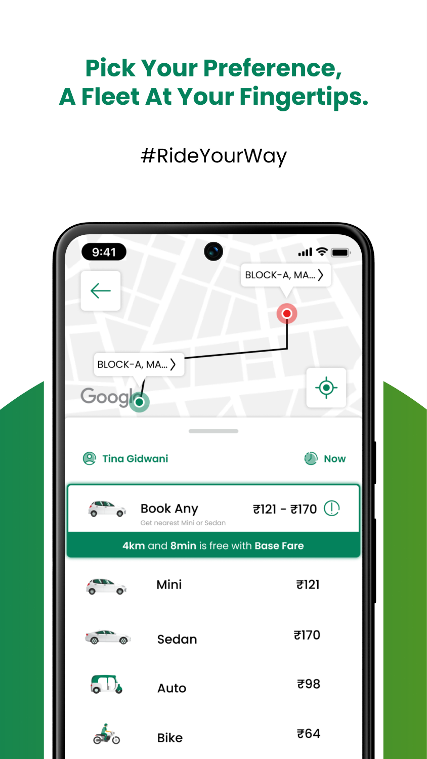 Fleet selection — bike, auto, toto, mini, sedan