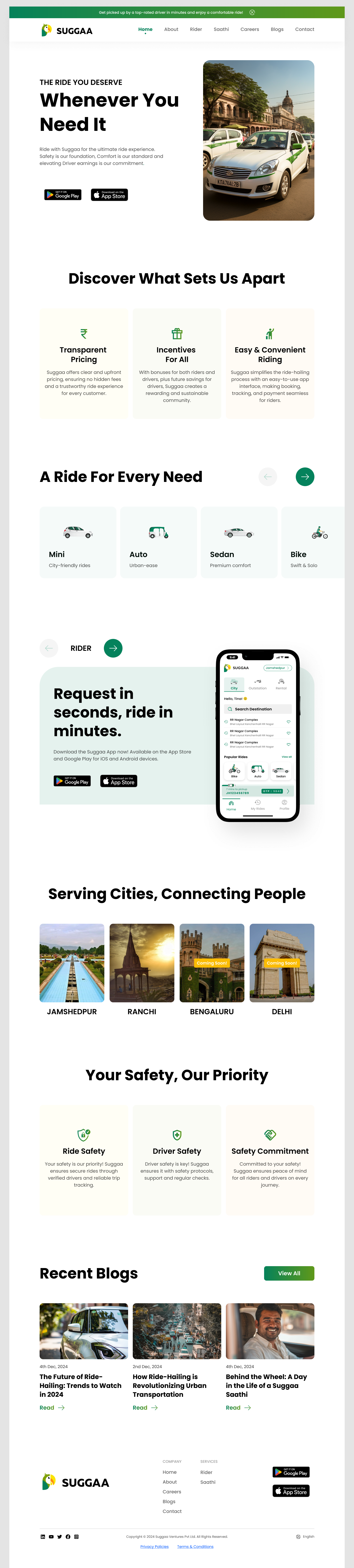 Suggaa website 2024 — full homepage design: hero, fleet, rider and saathi sections, city expansion, safety and blog